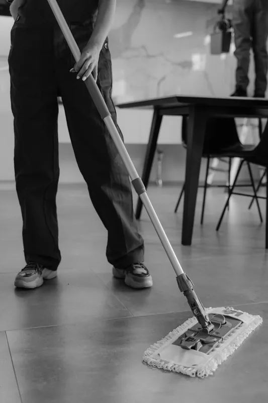 Degreased and mopped non-slip tile floor in a Toronto restaurant back of house