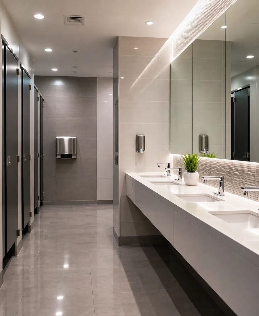Commercial washroom kept clean on a recurring janitorial schedule