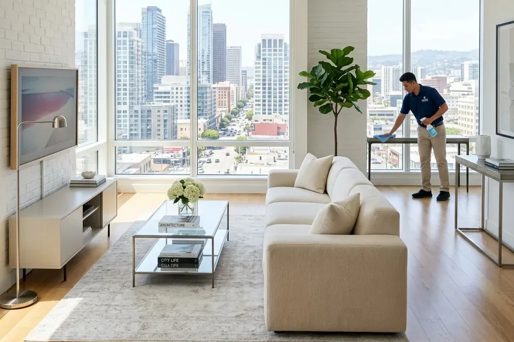 Cleaner wiping surfaces in a Toronto condo living room