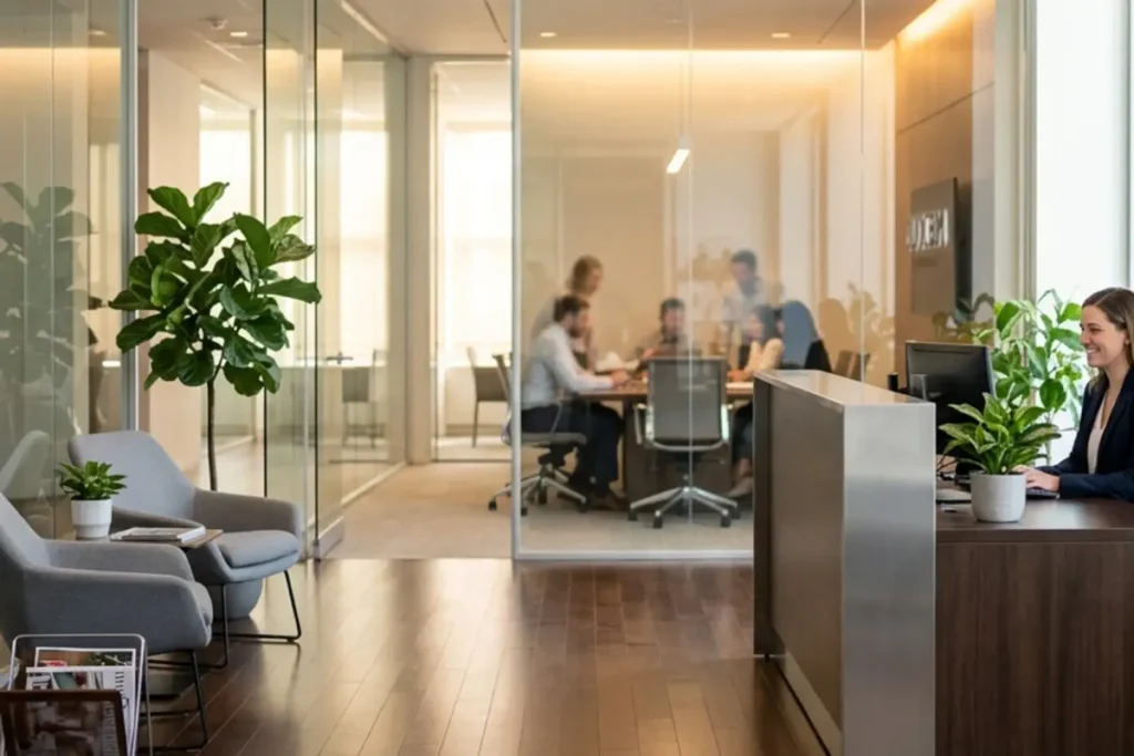 Small office reception with a staff member at the front desk