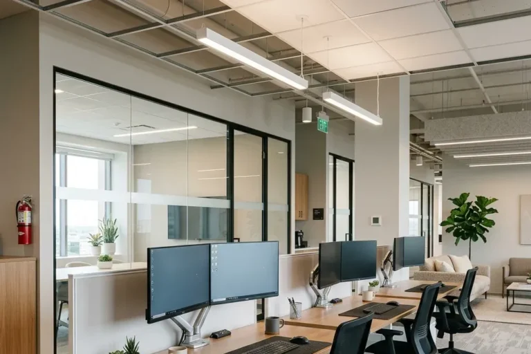 Open-plan office workstations after a cleaning visit