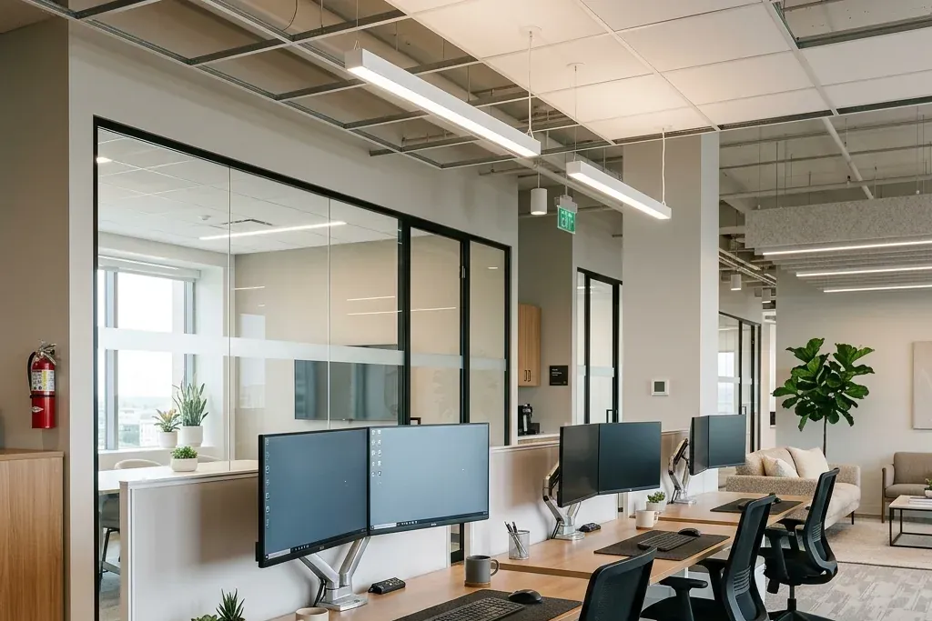 Open-plan office workstations after a cleaning visit