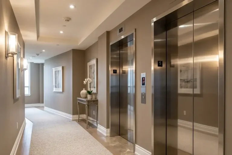 Condo hallway with elevators and carpeted corridor in a Toronto building