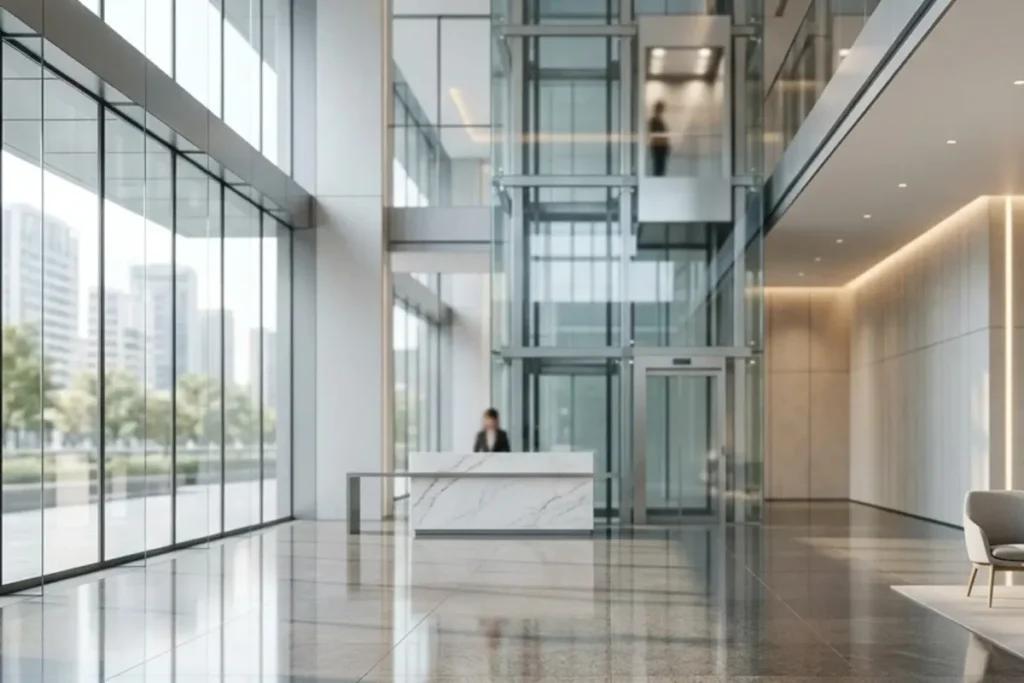 Office lobby and reception desk in a commercial building