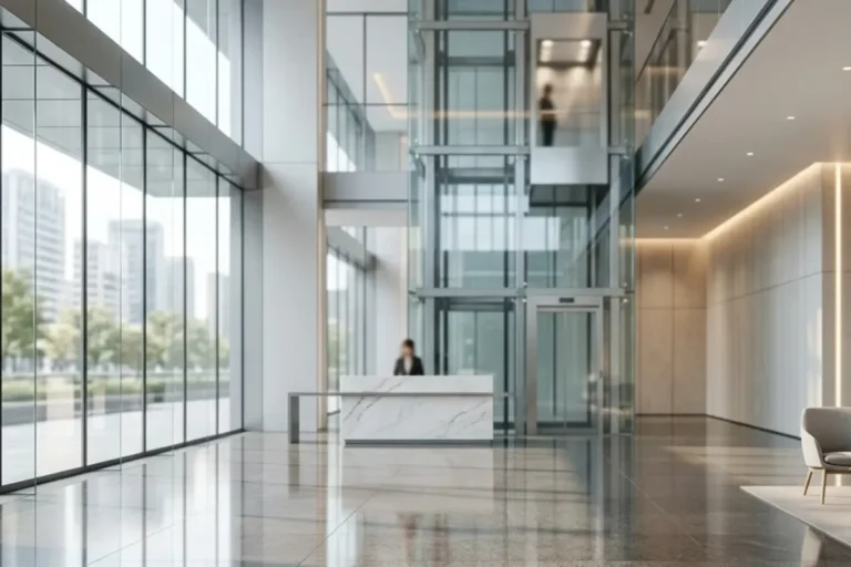 Office lobby and reception desk in a commercial building