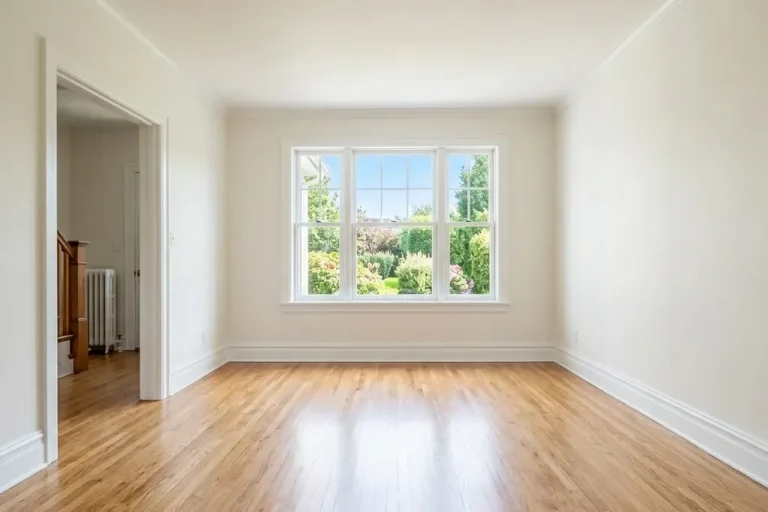 Empty renovated room with hardwood floors after drywall dust cleanup