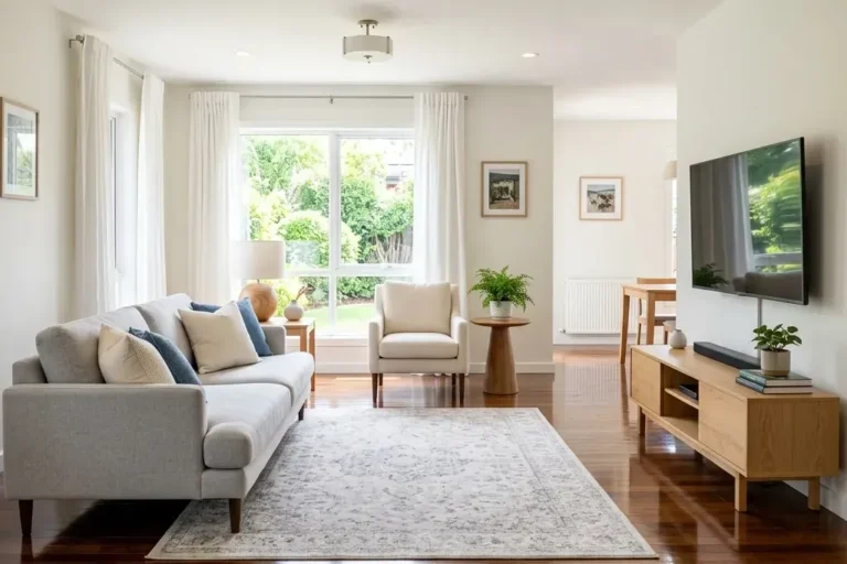 Clean living room with sofa, rug and hardwood floor