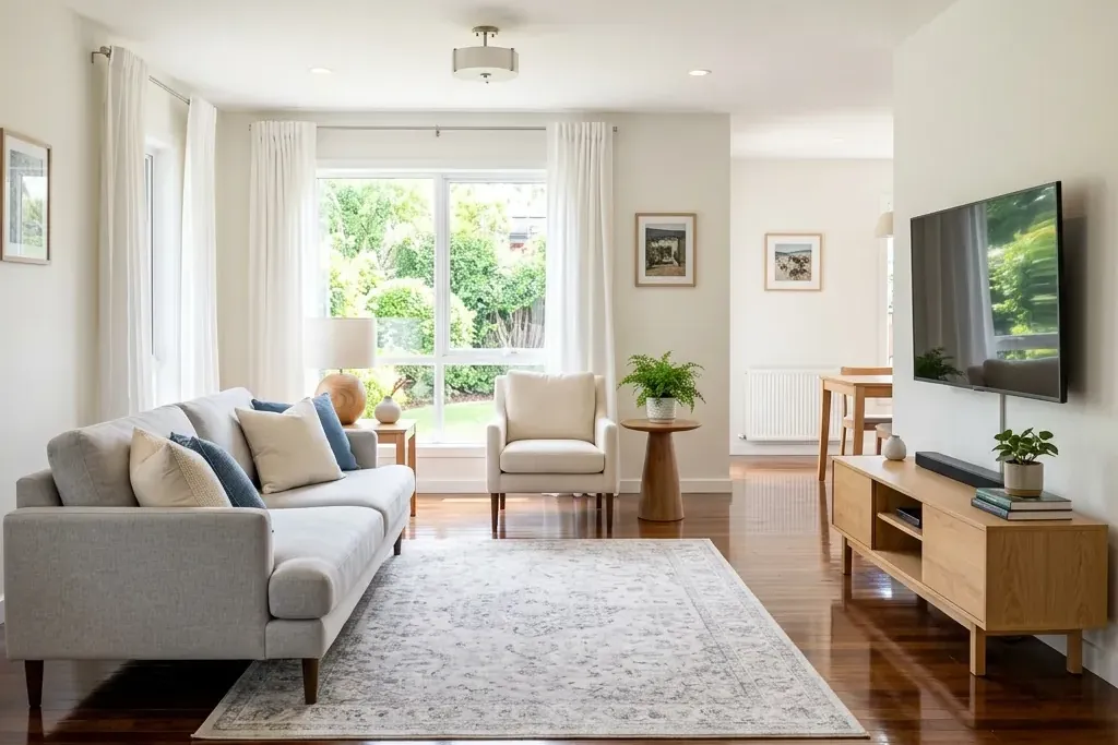 Clean living room with sofa, rug and hardwood floor
